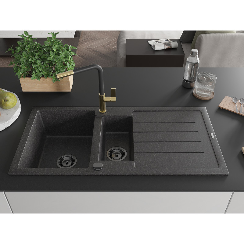 Mexen Andres Granitspüle 1,5-Becken mit Abtropffläche und Küchenarmatur Flora, schwarz gesprenkelt - 6515-76-670401-57-B