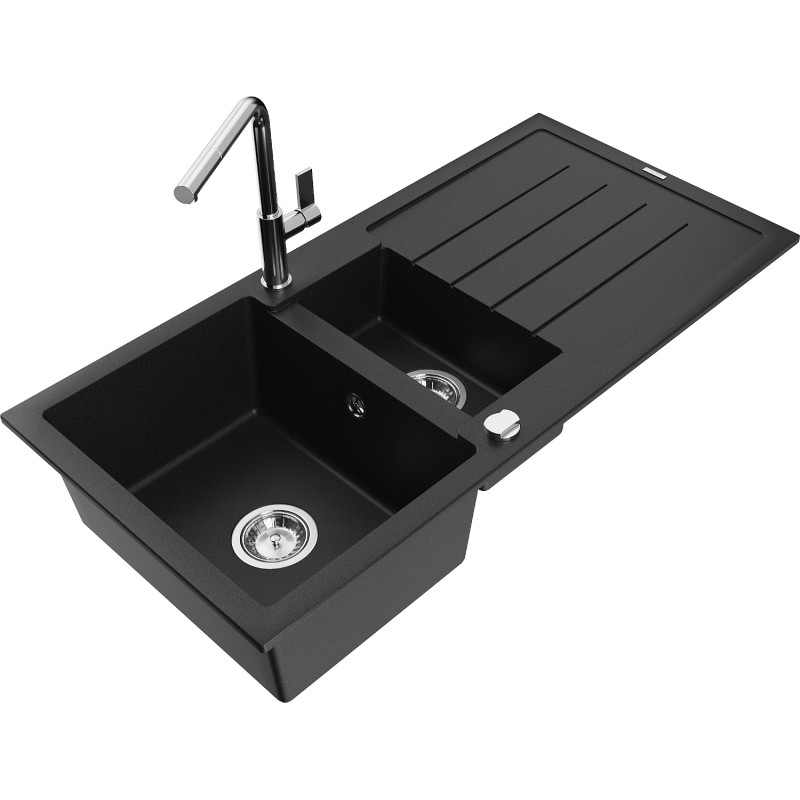 Mexen Andres Granitspüle 1,5-Becken mit Abtropffläche und Küchenarmatur Flora, schwarz - 6515-77-670401-00