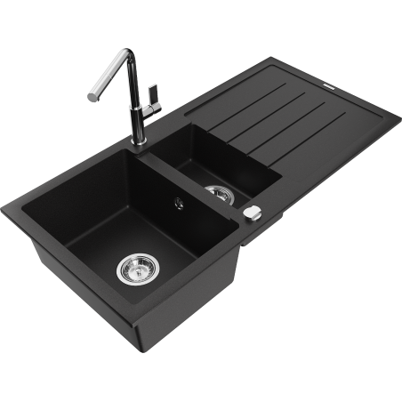 Mexen Andres Granitspüle 1,5-Becken mit Abtropffläche und Küchenarmatur Flora, schwarz - 6515-77-670401-00