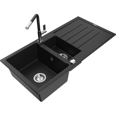 Mexen Andres Granitspüle 1,5-Becken mit Abtropffläche und Küchenarmatur Flora, schwarz - 6515-77-670401-07