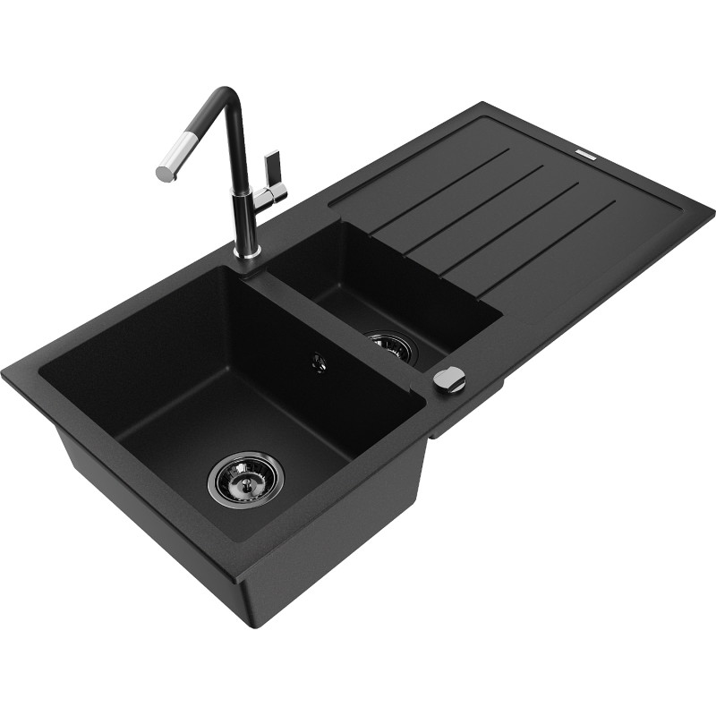 Mexen Andres Granitspüle 1,5-Bowl mit Abtropffläche und Küchenarmatur Flora, schwarz - 6515-77-670401-07-B