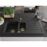 Mexen Andres Granitspüle 1,5-Schalen mit Abtropffläche und Küchenarmatur Flora, schwarz - 6515-77-670401-57-G