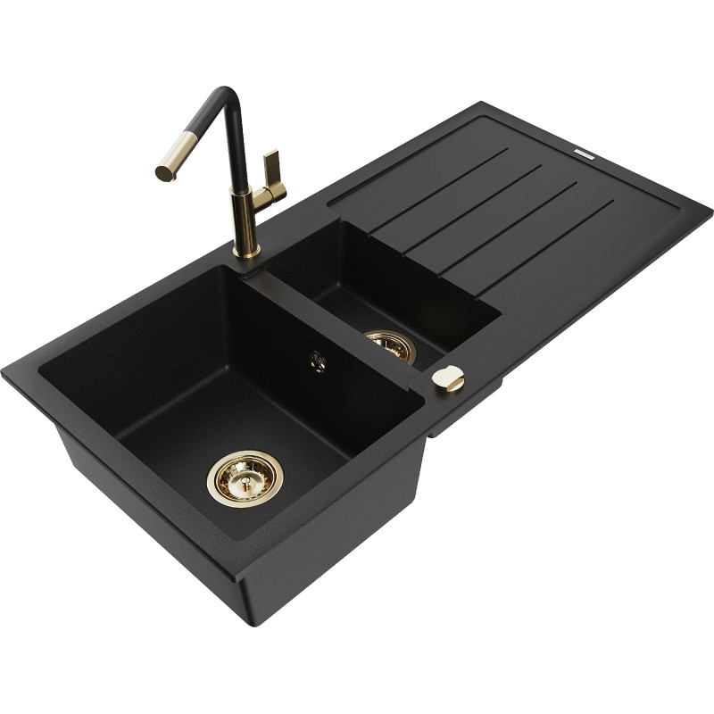 Mexen Andres Granitspüle 1,5-Becken mit Abtropffläche und Küchenarmatur Flora, schwarz - 6515-77-670401-57-G