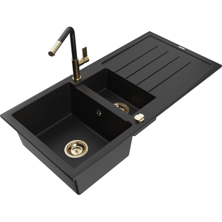 Mexen Andres Granitspüle 1,5-Becken mit Abtropffläche und Küchenarmatur Flora, schwarz - 6515-77-670401-57-G