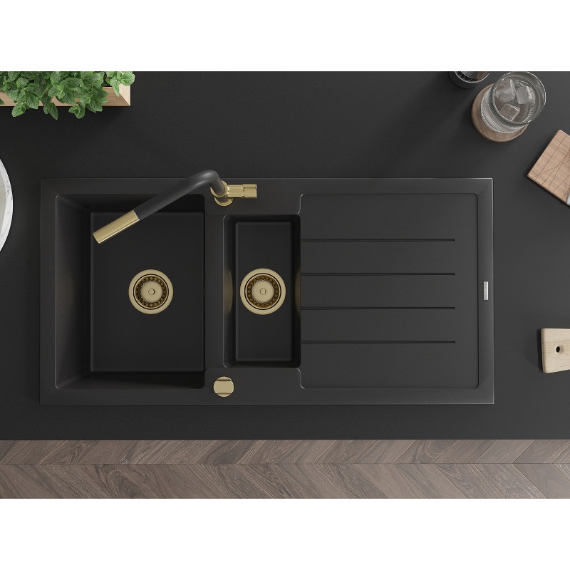 Mexen Andres 1,5-Kammer Granitspüle mit Abtropffläche und Küchenarmatur Flora, schwarz - 6515-77-670401-57-G