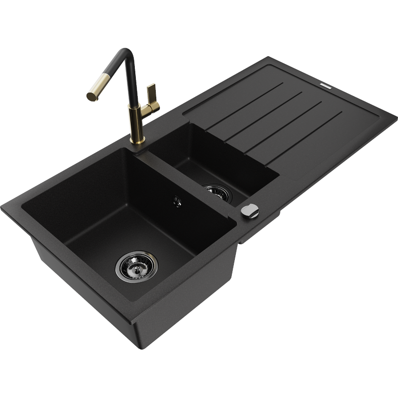 Mexen Andres Granitspüle 1,5-becken mit Abtropffläche und Küchenarmatur Flora, schwarz - 6515-77-670401-57-B