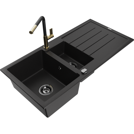 Mexen Andres Granitspüle 1,5-becken mit Abtropffläche und Küchenarmatur Flora, schwarz - 6515-77-670401-57-B