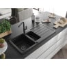 Mexen Andres Granitspüle 1,5-Becken mit Abtropffläche und Küchenarmatur Flora, schwarz - 6515-77-670401-70-B