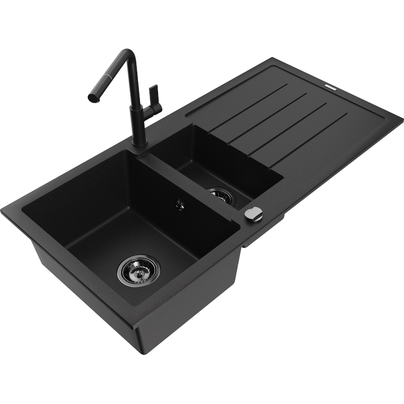 Mexen Andres Granitspüle 1,5-Becken mit Abtropffläche und Küchenarmatur Flora, schwarz - 6515-77-670401-70-B