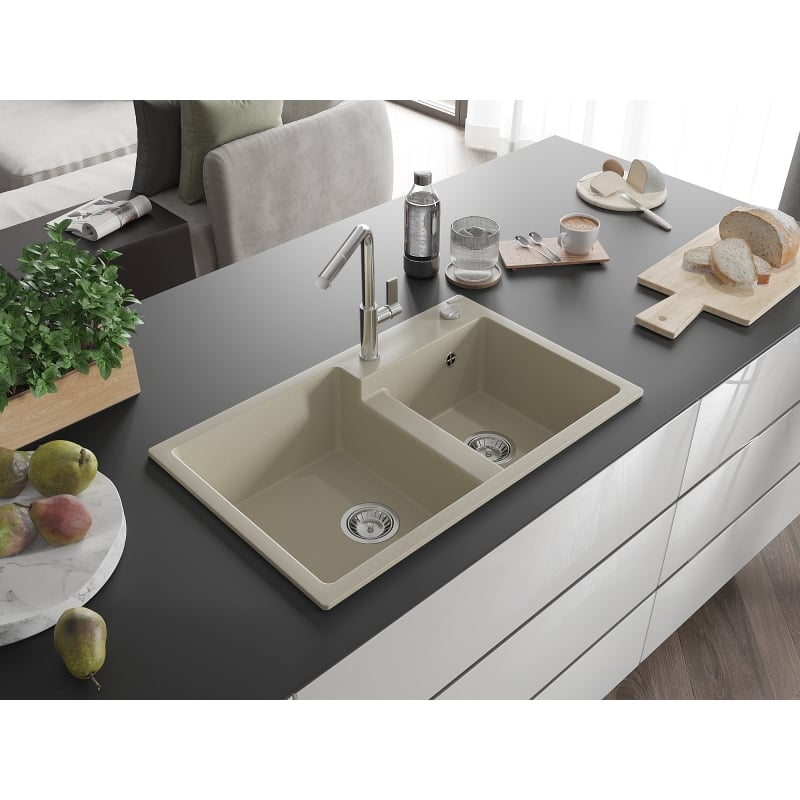 Mexen Tomas Granitspüle, 2-beckig, mit Küchenarmatur Flora, beige - 6516-69-670401-00