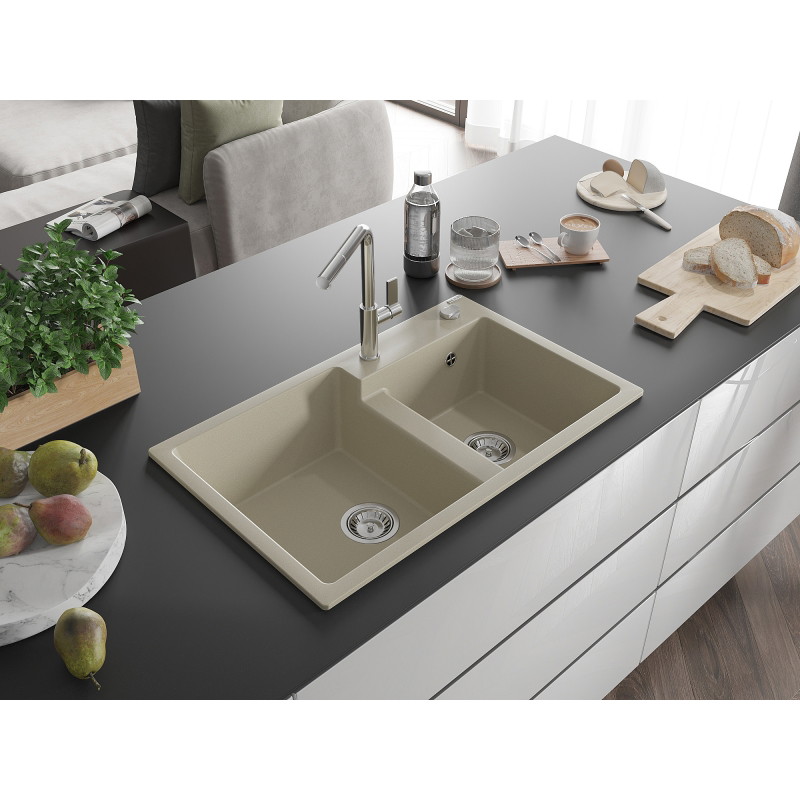 Mexen Tomas Granitspüle 2-Kammer mit Küchenarmatur Flora, beige - 6516-69-670401-00