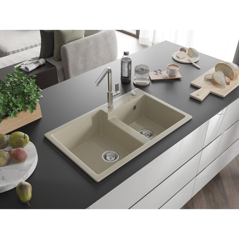 Mexen Tomas Granitspüle mit 2 Becken und Küchenarmatur Flora, beige - 6516-69-670401-00