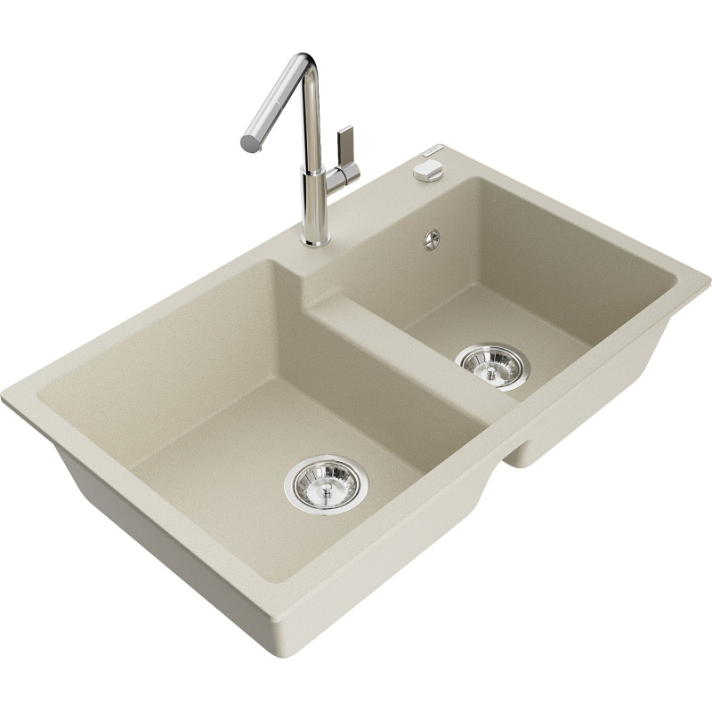 Mexen Tomas Granitspüle 2-Kammer mit Küchenarmatur Flora, beige - 6516-69-670401-00
