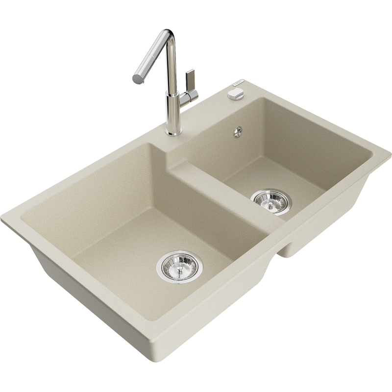 Mexen Tomas Granitspüle mit 2 Becken und Küchenarmatur Flora, beige - 6516-69-670401-00
