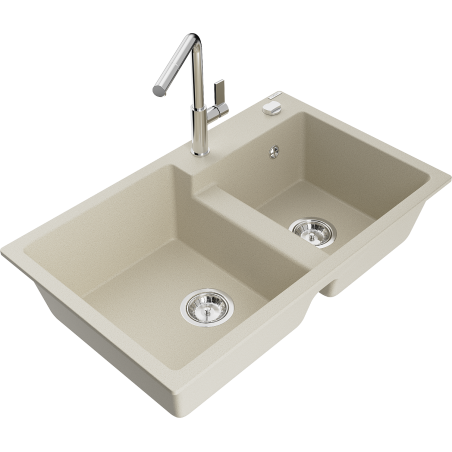 Mexen Tomas Granitspüle 2-Kammer mit Küchenarmatur Flora, beige - 6516-69-670401-00