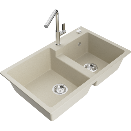 Mexen Tomas Granitspüle mit 2 Becken und Küchenarmatur Flora, beige - 6516-69-670401-00