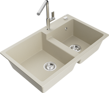 Mexen Tomas Granitspüle mit 2 Becken und Küchenarmatur Flora, beige - 6516-69-670401-00