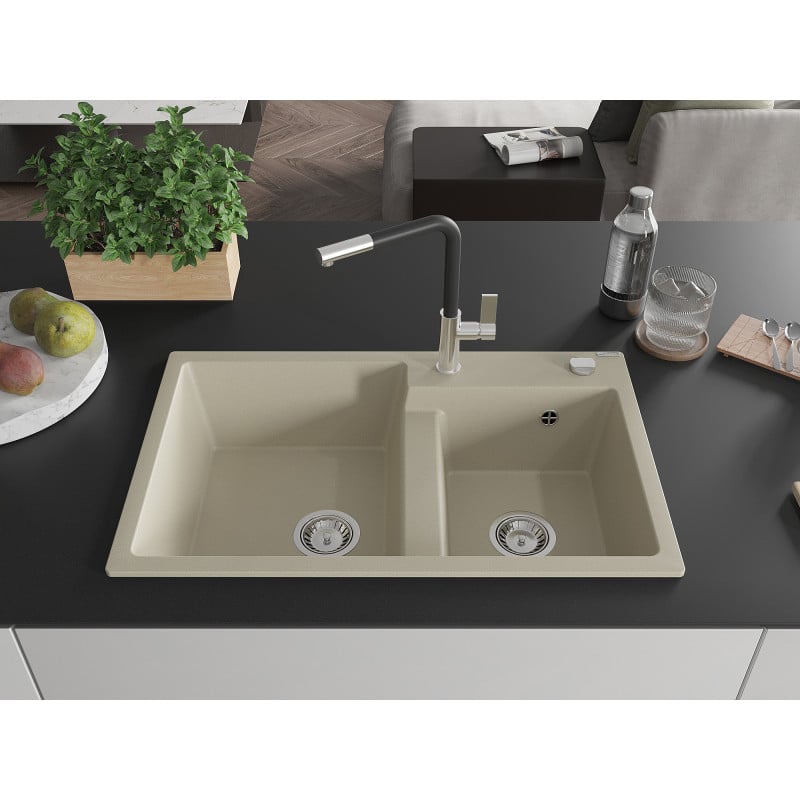 Mexen Tomas Granitspüle 2-Kammer mit Küchenarmatur Flora, beige - 6516-69-670401-07