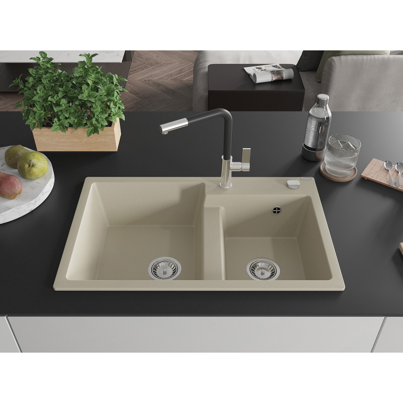 Mexen Tomas Granitspüle mit 2 Becken und Küchenarmatur Flora, beige - 6516-69-670401-07