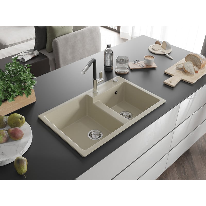 Mexen Tomas Granitspüle 2-Kammer mit Küchenarmatur Flora, beige - 6516-69-670401-07