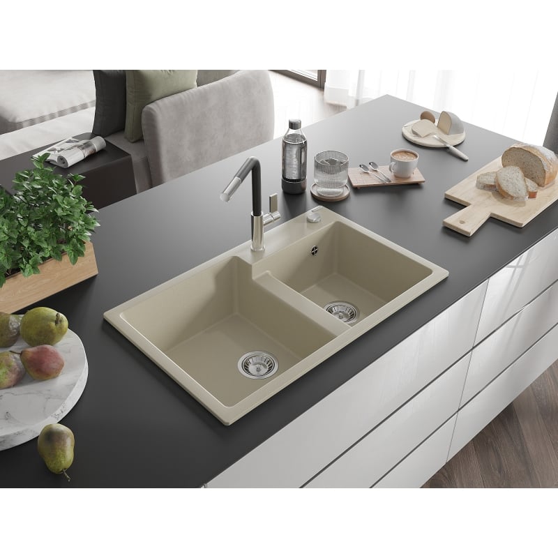 Mexen Tomas Granitspüle 2-Komponenten mit Küchenarmatur Flora, beige - 6516-69-670401-07