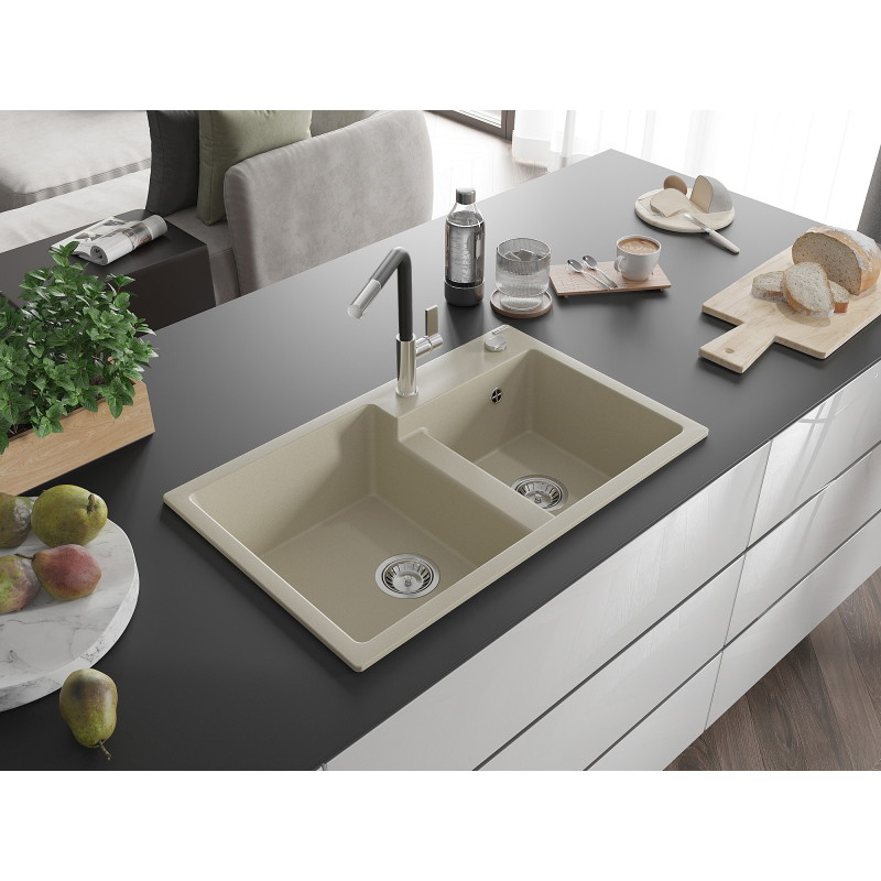 Mexen Tomas Granitspüle mit 2 Becken und Küchenarmatur Flora, beige - 6516-69-670401-07