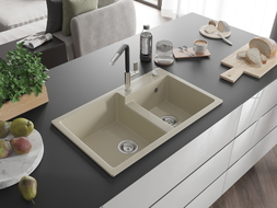 Mexen Tomas Granitspüle 2-Kammer mit Küchenarmatur Flora, beige - 6516-69-670401-07
