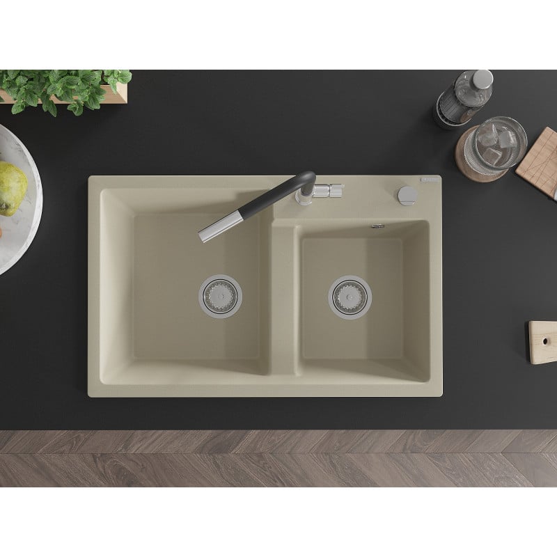 Mexen Tomas Granitspüle 2-Kammer mit Küchenarmatur Flora, beige - 6516-69-670401-07
