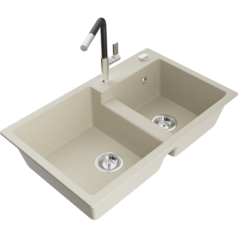 Mexen Tomas Granitspüle 2-Kammer mit Küchenarmatur Flora, beige - 6516-69-670401-07