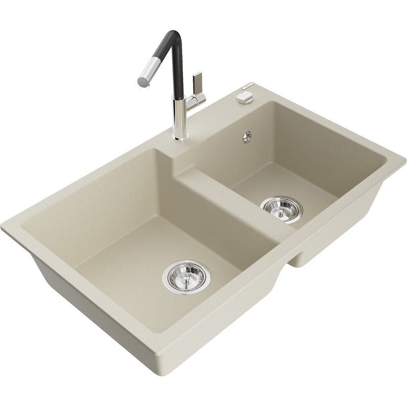 Mexen Tomas Granitspüle mit 2 Becken und Küchenarmatur Flora, beige - 6516-69-670401-07