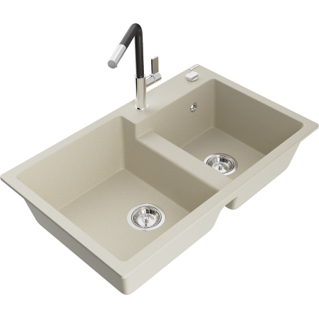Mexen Tomas Granitspüle mit 2 Becken und Küchenarmatur Flora, beige - 6516-69-670401-07