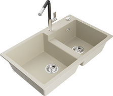 Mexen Tomas Granitspüle 2-Kammer mit Küchenarmatur Flora, beige - 6516-69-670401-07