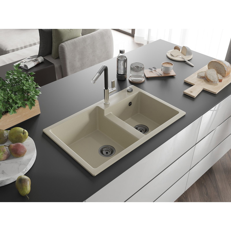 Mexen Tomas Granitspüle 2-Kammer mit Küchenarmatur Flora, Beige - 6516-69-670401-07-B