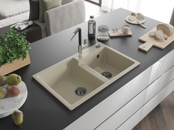 Mexen Tomas granitspüle mit 2 becken und küchenarmatur Flora, beige - 6516-69-670401-07-B