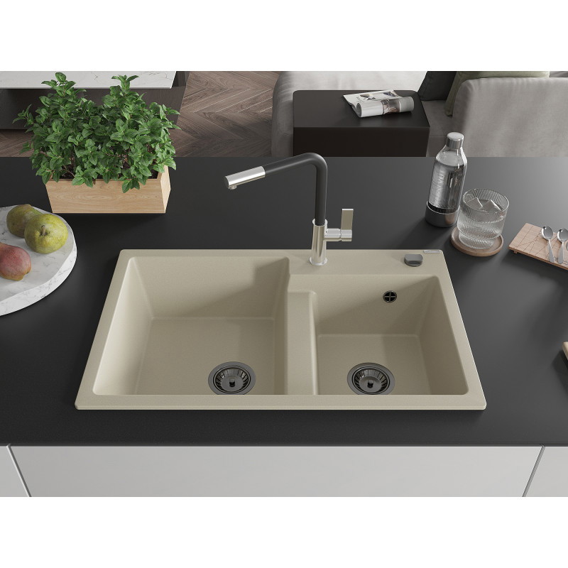 Mexen Tomas Granitspüle 2-Kammer mit Küchenarmatur Flora, Beige - 6516-69-670401-07-B