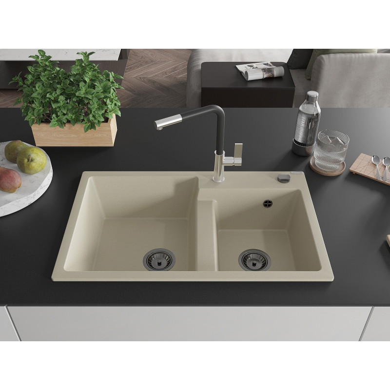 Mexen Tomas granitspüle mit 2 becken und küchenarmatur Flora, beige - 6516-69-670401-07-B
