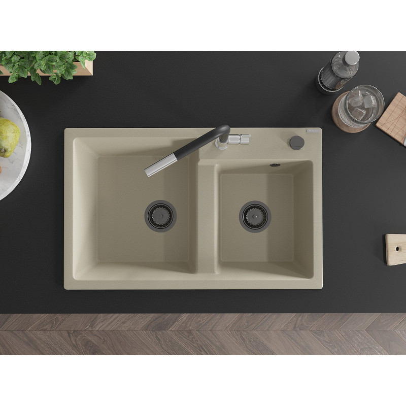 Mexen Tomas Granitspüle 2-Kammer mit Küchenarmatur Flora, Beige - 6516-69-670401-07-B
