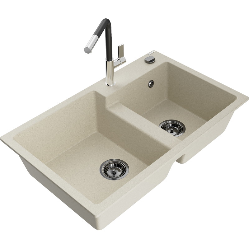 Mexen Tomas granitspüle mit 2 becken und küchenarmatur Flora, beige - 6516-69-670401-07-B