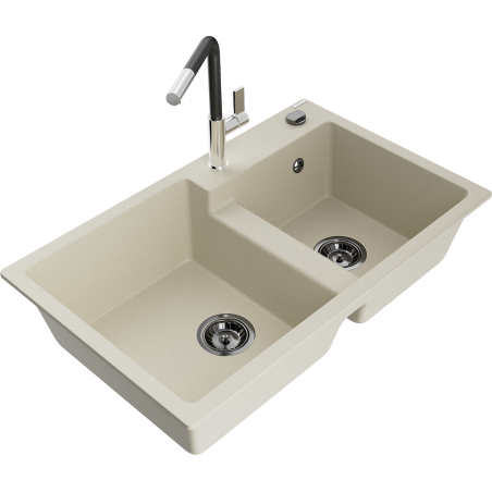 Mexen Tomas granitspüle mit 2 becken und küchenarmatur Flora, beige - 6516-69-670401-07-B