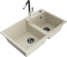 Mexen Tomas Granitspüle 2-Kammer mit Küchenarmatur Flora, Beige - 6516-69-670401-07-B