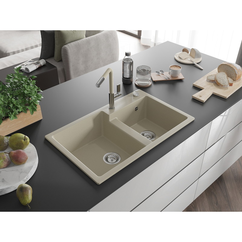 Mexen Tomas granitspüle 2-becken mit Küchenarmatur Flora, beige - 6516-69-670401-09