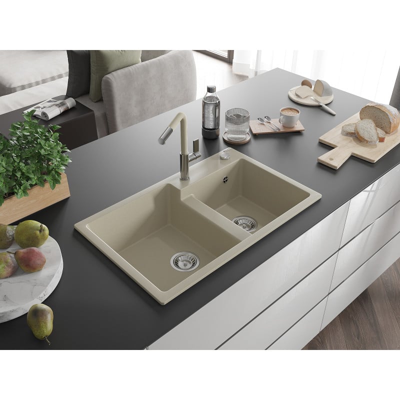 Mexen Tomas Granitspüle 2-Kammer mit Küchenarmatur Flora, beige - 6516-69-670401-09