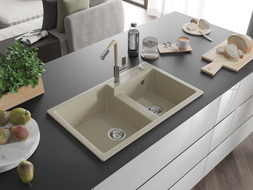 Mexen Tomas 2-teilige Granitspüle mit Küchenarmatur Flora, beige - 6516-69-670401-09