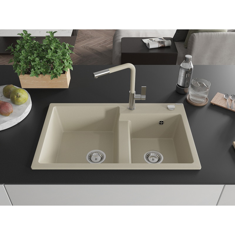 Mexen Tomas granitspüle 2-becken mit Küchenarmatur Flora, beige - 6516-69-670401-09