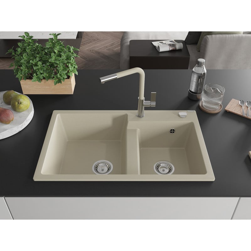 Mexen Tomas Granitspüle 2-Kammer mit Küchenarmatur Flora, beige - 6516-69-670401-09