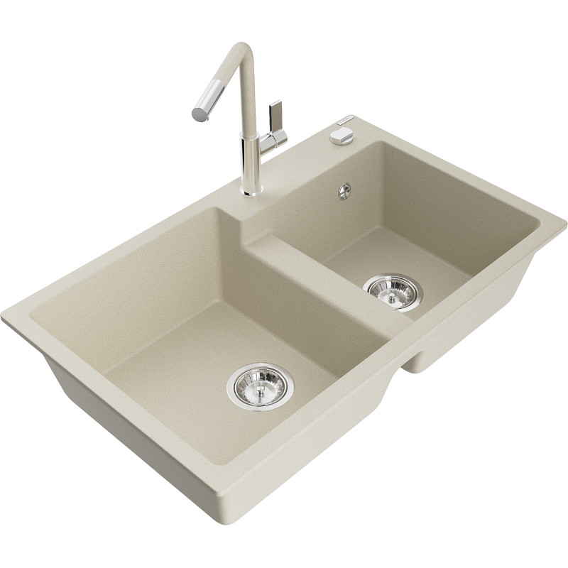 Mexen Tomas 2-teilige Granitspüle mit Küchenarmatur Flora, beige - 6516-69-670401-09