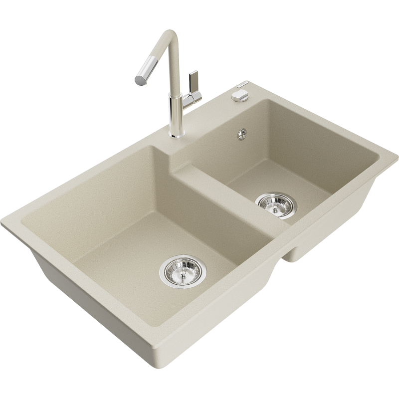 Mexen Tomas Granitspüle 2-Kammer mit Küchenarmatur Flora, beige - 6516-69-670401-09