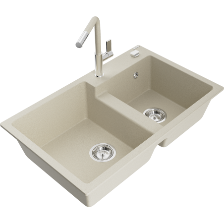 Mexen Tomas 2-teilige Granitspüle mit Küchenarmatur Flora, beige - 6516-69-670401-09