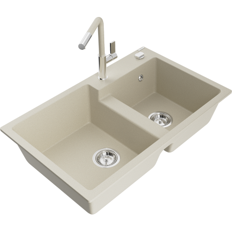 Mexen Tomas Granitspüle 2-Kammer mit Küchenarmatur Flora, beige - 6516-69-670401-09