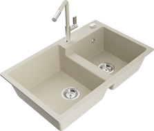 Mexen Tomas Granitspüle 2-Kammer mit Küchenarmatur Flora, beige - 6516-69-670401-09